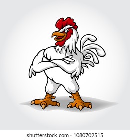 Funny Cartoon Super Rooster mascot illustration. Chicken vector cartoon character folding hands.