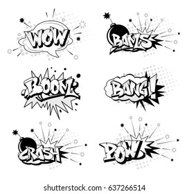  Funny cartoon superhero elements:  crash,  boom,  pow, bang, wow, bams.