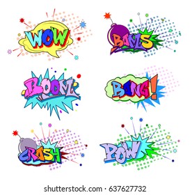  Funny cartoon superhero elements:  crash,  boom,  pow, bang, wow, bams.