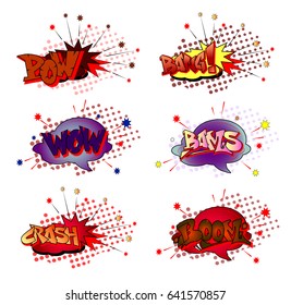  Funny cartoon superhero elements:  crash,  boom,  pow, bang, wow, bams.