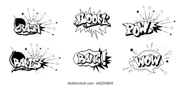  Funny cartoon superhero elements:  crash,  boom,  pow, bang, wow, bams.