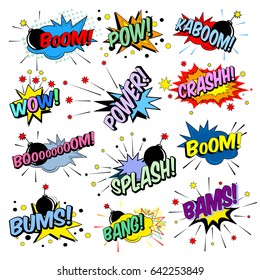  Funny Cartoon Superhero Elements:  Crash,  Boom,  Pow, Bang, Wow, Bams, Power, Caboom, Bums, Splash.