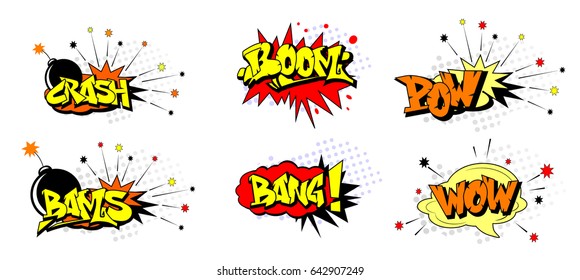  Funny Cartoon Superhero Elements:  Crash,  Boom,  Pow, Bang, Wow, Bams.