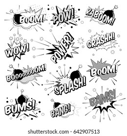  Funny cartoon superhero elements:  crash,  boom,  pow, power, splash, caboom, bums, bang, wow, bams.