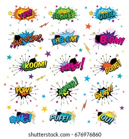  Funny cartoon superhero elements:  crash,  boom,  pow, bang, wow, bams, splash, power, bums, flight, bomb, yes, ok.