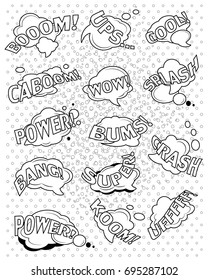  Funny cartoon superhero elements:  crash,  boom,  pow, bang, wow, splash, power, bums, cool, koom.