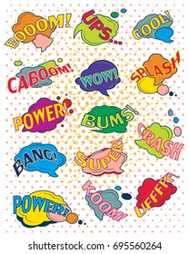  Funny cartoon superhero elements:  crash,  boom,  pow, bang, wow, splash, power, bums, cool, koom.