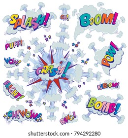  Funny cartoon superhero elements:  crash,  boom,  pow, bomb, wow, flight, kaboom, oh, bang, puff.
