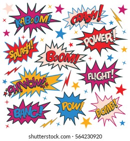  Funny Cartoon Superhero Elements: Kaboom, Crash, Power, Splash, Boom, Wow, Flight, Bomb, Pow, Bang.