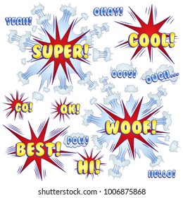  Funny Cartoon Superhero Elements:  Yeah, Okay, Ouch, Best, Pow, Woof, Cool, Hello, Oops, Ok, Go.