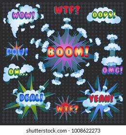  Funny Cartoon Superhero Elements:  Yeah, Oops, Deal, Boom, Omg, Wtf, Wow, Oh, Pow.