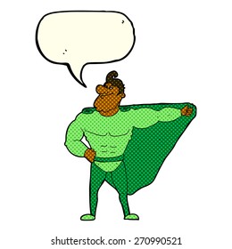 funny cartoon superhero with speech bubble