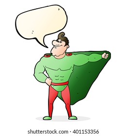 funny cartoon superhero with speech bubble