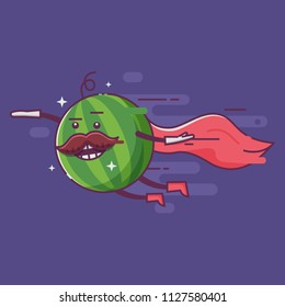 Funny cartoon superhero watermelon character with mustache, humanized fruit sticker or poster. Flying vegetable hero with red cape and boots. Healthy vegan and vegetarian food comic character.