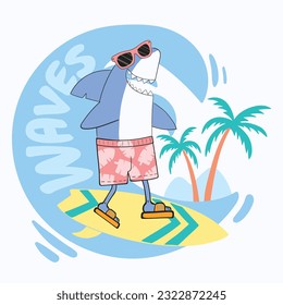 funny cartoon surfer shark vector illustration