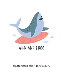 Funny cartoon surfing shark in a flat style. Vector hand drawn illustration. Animal character design