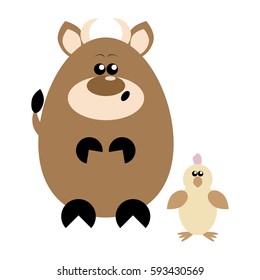 Funny cartoon surprised cow and his chick friend