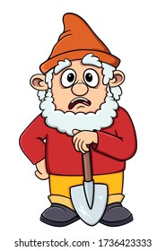 funny cartoon surprised gnome with a shovel in his hands.vector isolated on white background. stock illustration