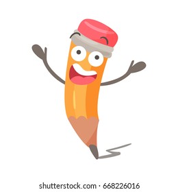 Funny cartoon surprised humanized pencil character with big eyes vector Illustration