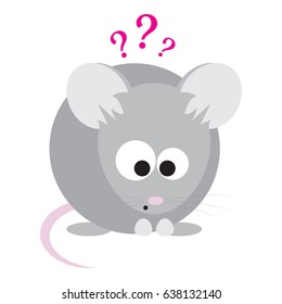 Funny cartoon surprised mouse with question marks overhead