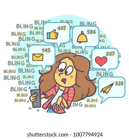Funny cartoon of surprised woman getting hundred of comments and messages on internet, vector illustration