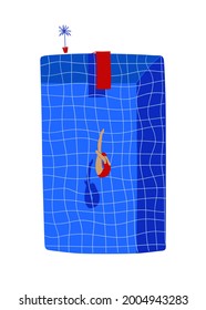 Funny Cartoon Swimming Pool Illustration. Lonely Woman Swimmer Jumping In To The Water. Surreal Poster, Print Or T-shirt Design.