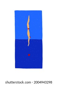 Funny cartoon swimming pool illustration. Lonely man swimmer diving into the water. Surreal poster, print or t-shirt design.