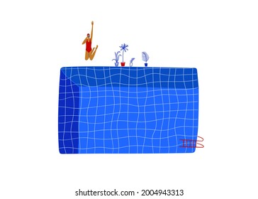 Funny Cartoon Swimming Pool Illustration. Lonely Woman Swimmer Jumping Into The Water. Minimalist Poster, Print Or T-shirt Design.