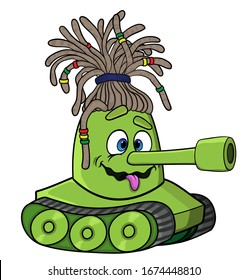 funny cartoon tank with dreadlocks on his head. isolated on white background vector