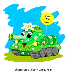 Funny cartoon tank, painted in flowers, enjoys a peaceful sky and sun. Vector illustration.