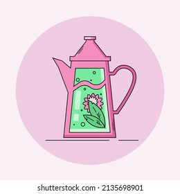 Funny, cartoon teapot with tea leaves and flower flat vector illustration isolated on pink background
