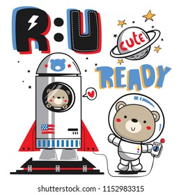 Funny cartoon teddy bear and his brother launching rocket with text "R U READY" on white background illustration vector.
