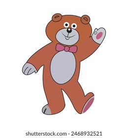 Funny cartoon teddy bear with tie, cute teddy bear dancing with tape recorder. greeting card on St. Valentine's day, wedding, birthday, illustrator vector