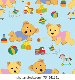 Funny cartoon teddy bears playing with their toys. Seamless vector pattern cars on roads seamless pattern