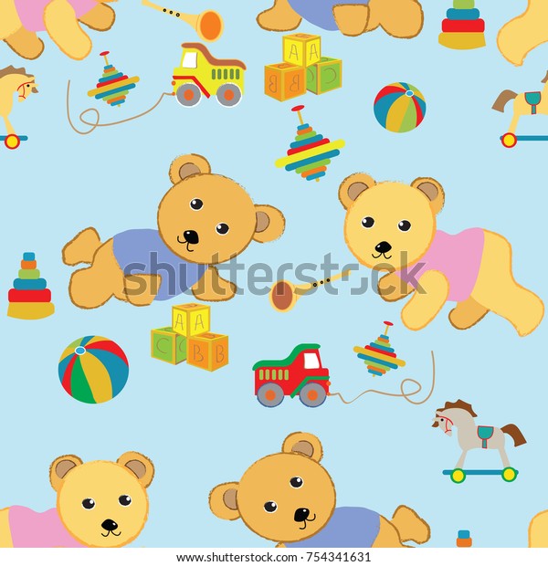 Funny cartoon\
teddy bears playing with their toys. Seamless vector pattern cars\
on roads seamless\
pattern