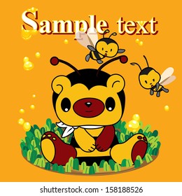 Funny cartoon teddy-bear dressed as a bee on meadow with bees on text background in vector