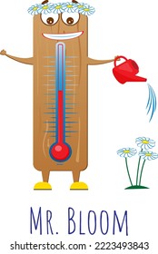 funny cartoon thermometer with flower wreath and watering can in spring