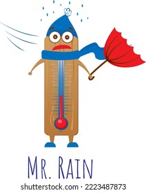 funny cartoon thermometer with umbrella in the rain in autumn