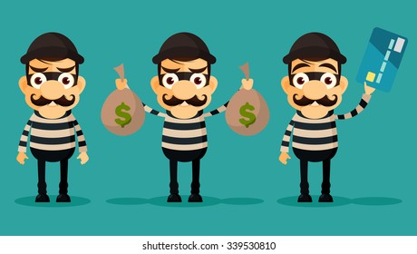 Funny Cartoon Thieves Holding Different Objects. Colorful Vector Set