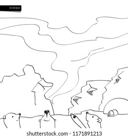 Funny cartoon three bear cubs in the north. Black and white drawing drawn by hand. Vector graphics