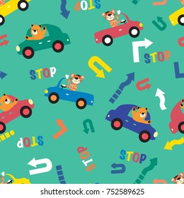 Funny cartoon tiger and a bear driving a cars on roads seamless pattern