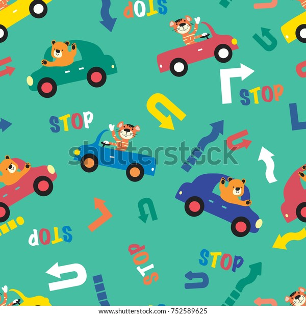 Funny cartoon tiger and a bear driving a cars on\
roads seamless pattern
