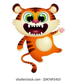 funny cartoon tiger cub open mouth.  happy wild jungle animal on white background. greeting card. vector illustration