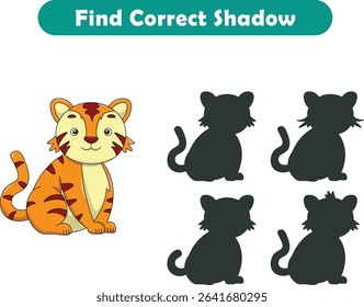 Funny cartoon tiger. find the correct shadow. Kids Education games. Cartoon vector illustration