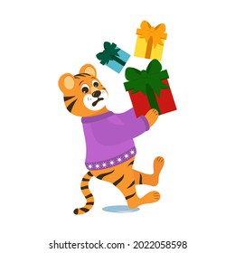 Funny cartoon tiger with gifts, slipping and falling, vector illustration. Symbol of 2022.