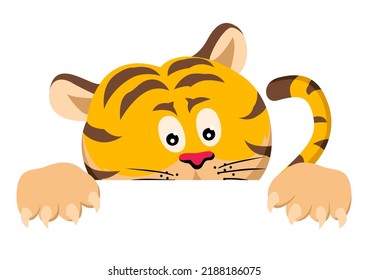 Caricatura divertida de un tigre mirando desde detrás de la pared, ilustración vectorial