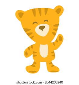 Funny cartoon tiger. Stands and waves his hand. Orange striped character on a white background. Children's flat style. Vector illustration.