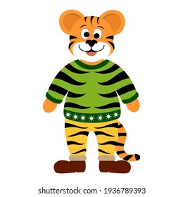 Funny cartoon tiger in winter clothes vector illustration. Symbol of 2022.