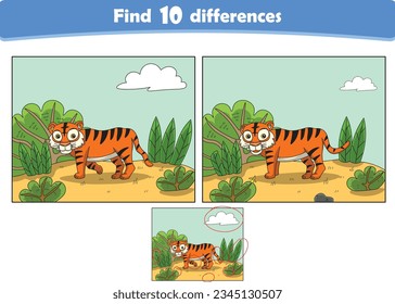 Funny cartoon tigers. Find 10 differences. Kids Education games. Cartoon vector illustration