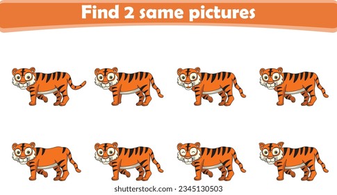 Funny cartoon tigers. Find two same pictures. Educational game for children. Cartoon vector illustration